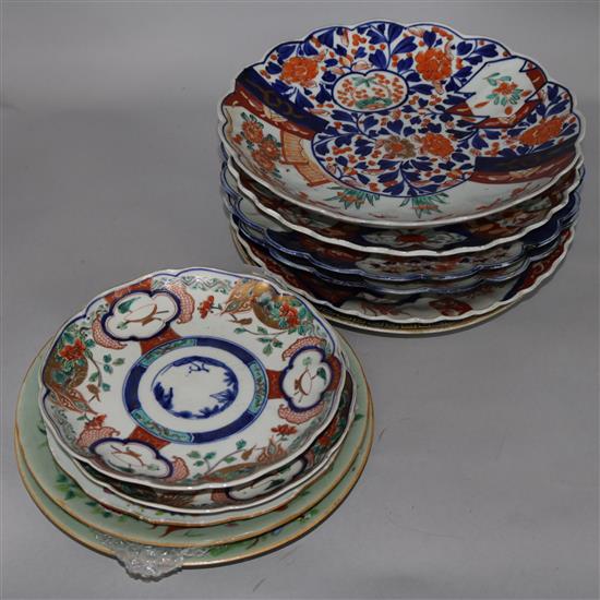 Five Imari chargers with scalloped edges, two similar plates, three Canton plates and a famille rose plate (11, faults)